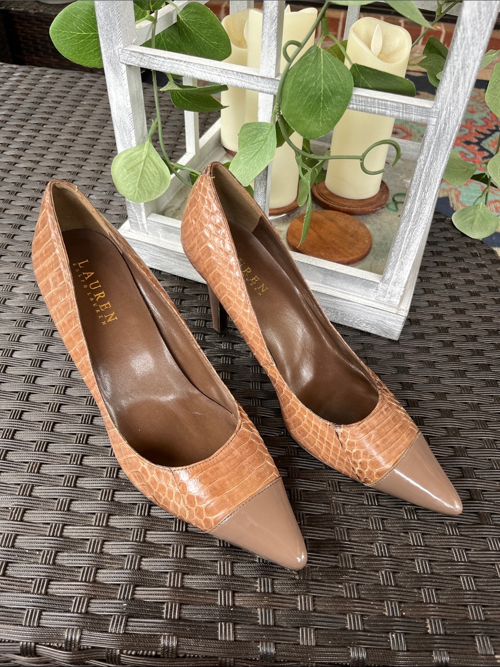 Lauren Ralph Lauren Two-Tone Brown Croc-Embossed Pointed Toe Pumps